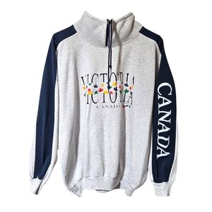 VTG/90s VICTORIA CANADA Light Gray Pullover Jumper XL Sweater Zip Floral Leaves